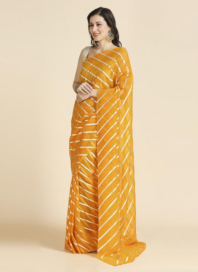 Organza Chiffon Mustard Traditional Wear Leheriya Print Saree